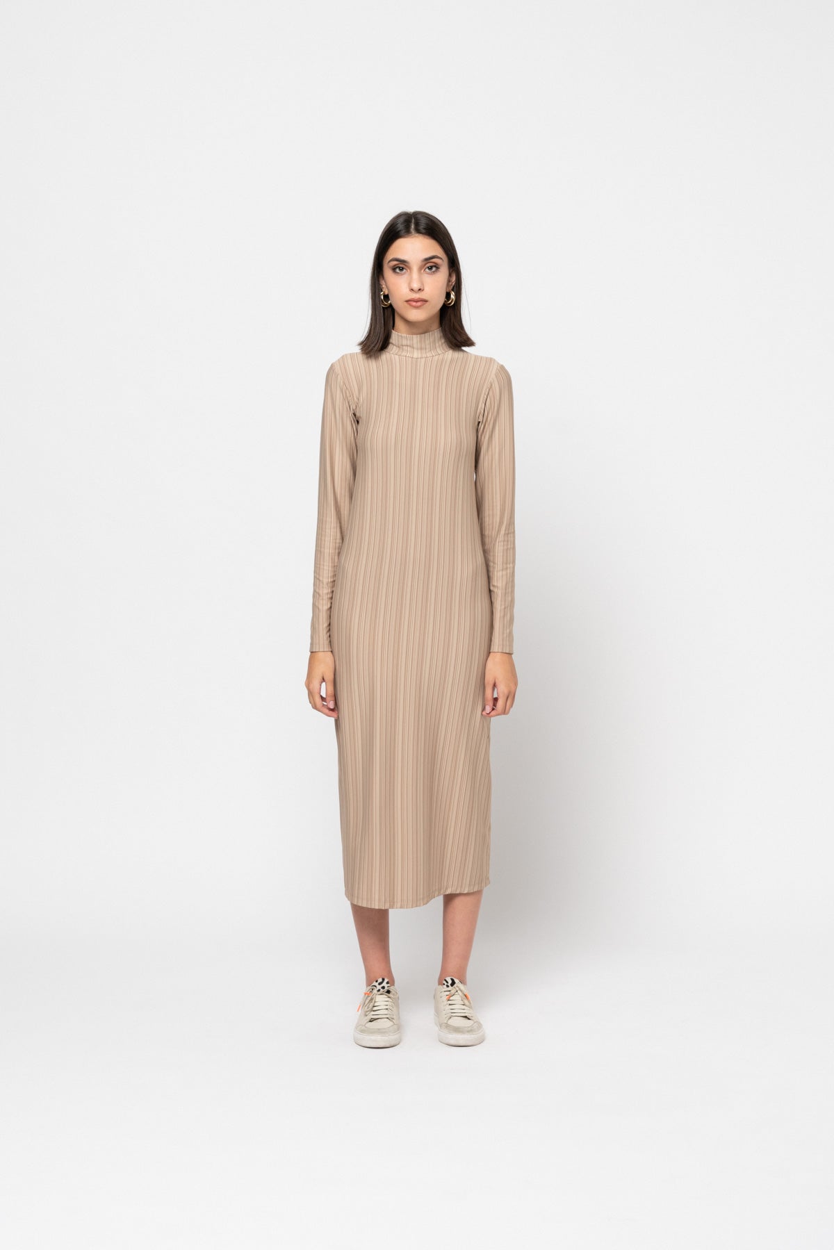 The Classic Beige Turtleneck Dress