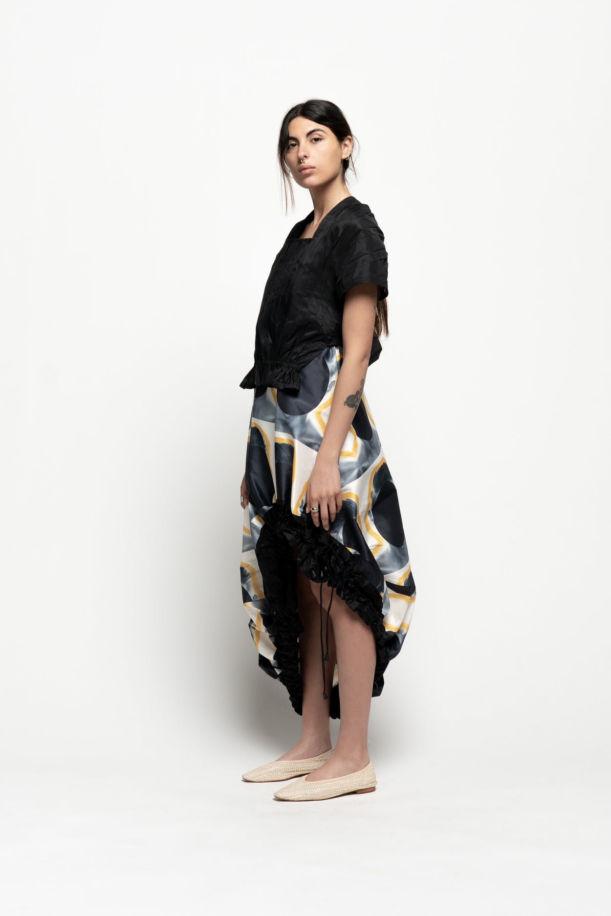 Invisible Face Print Gathered Dress with Taffeta Top by Ahmad Abdullatif