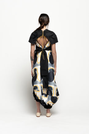 Invisible Face Print Gathered Dress with Taffeta Top by Ahmad Abdullatif