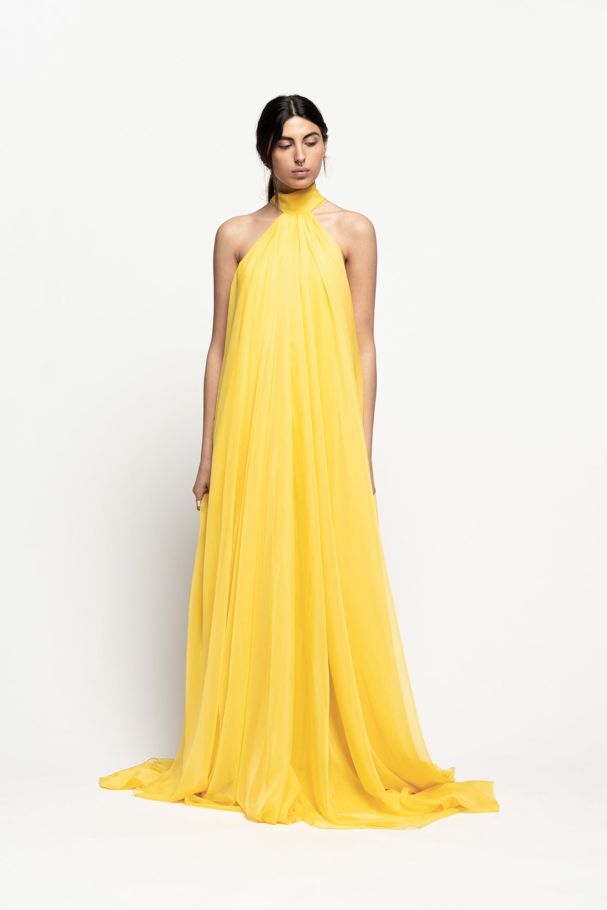 Chiffon High Neck Draped Dress by Ahmad Abdullatif