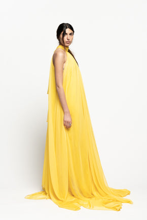 Chiffon High Neck Draped Dress by Ahmad Abdullatif