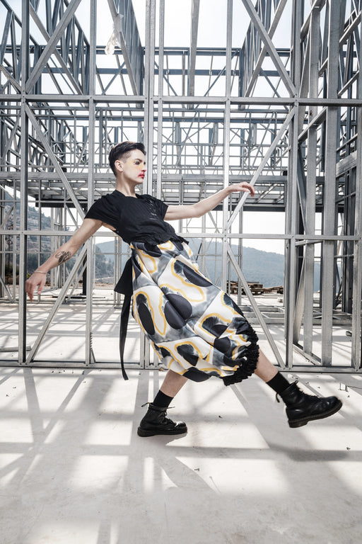 Invisible Face Print Gathered Dress with Taffeta Top by Ahmad Abdullatif